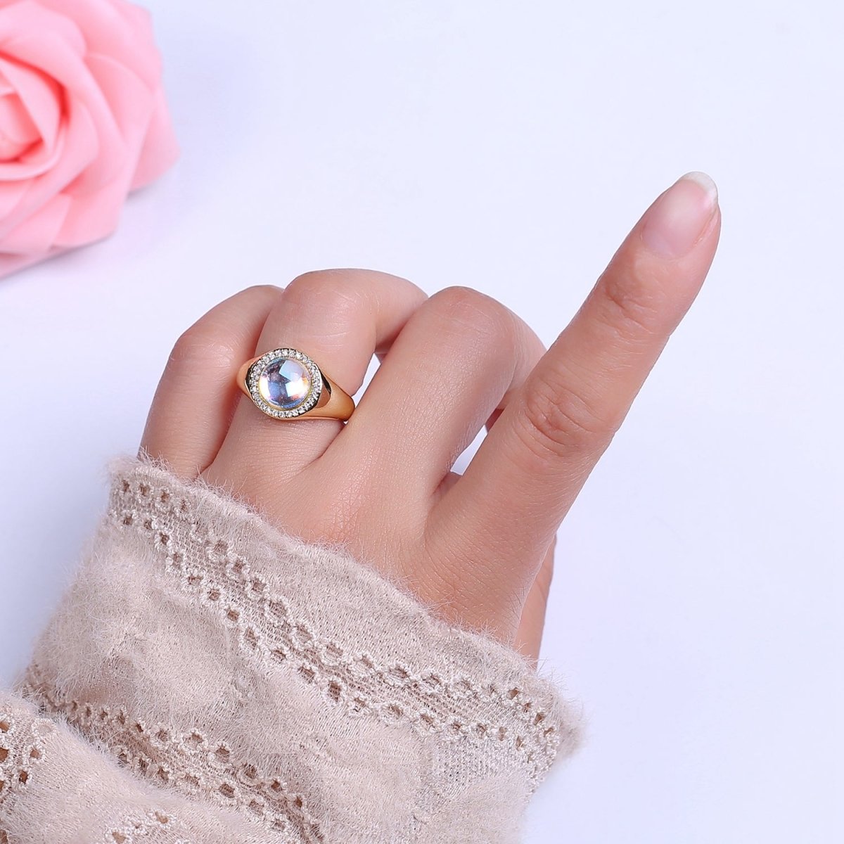 Bold Rainbow Moonstone Ring, Statement Signet Gold Ring Stackable Open Adjustable Ring O-2109 - DLUXCA