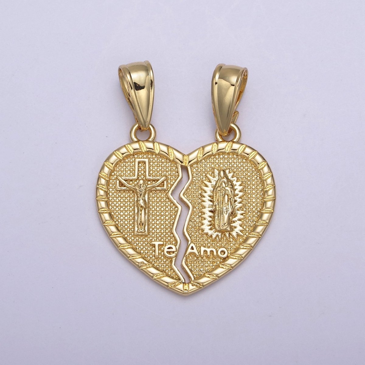 Breakable 24k Gold Filled Lady Guadalupe Jesus Heart Pendant, Gold Guadalupe, Gold Jesus, Te Amo Breakable Pendant H-865 - DLUXCA