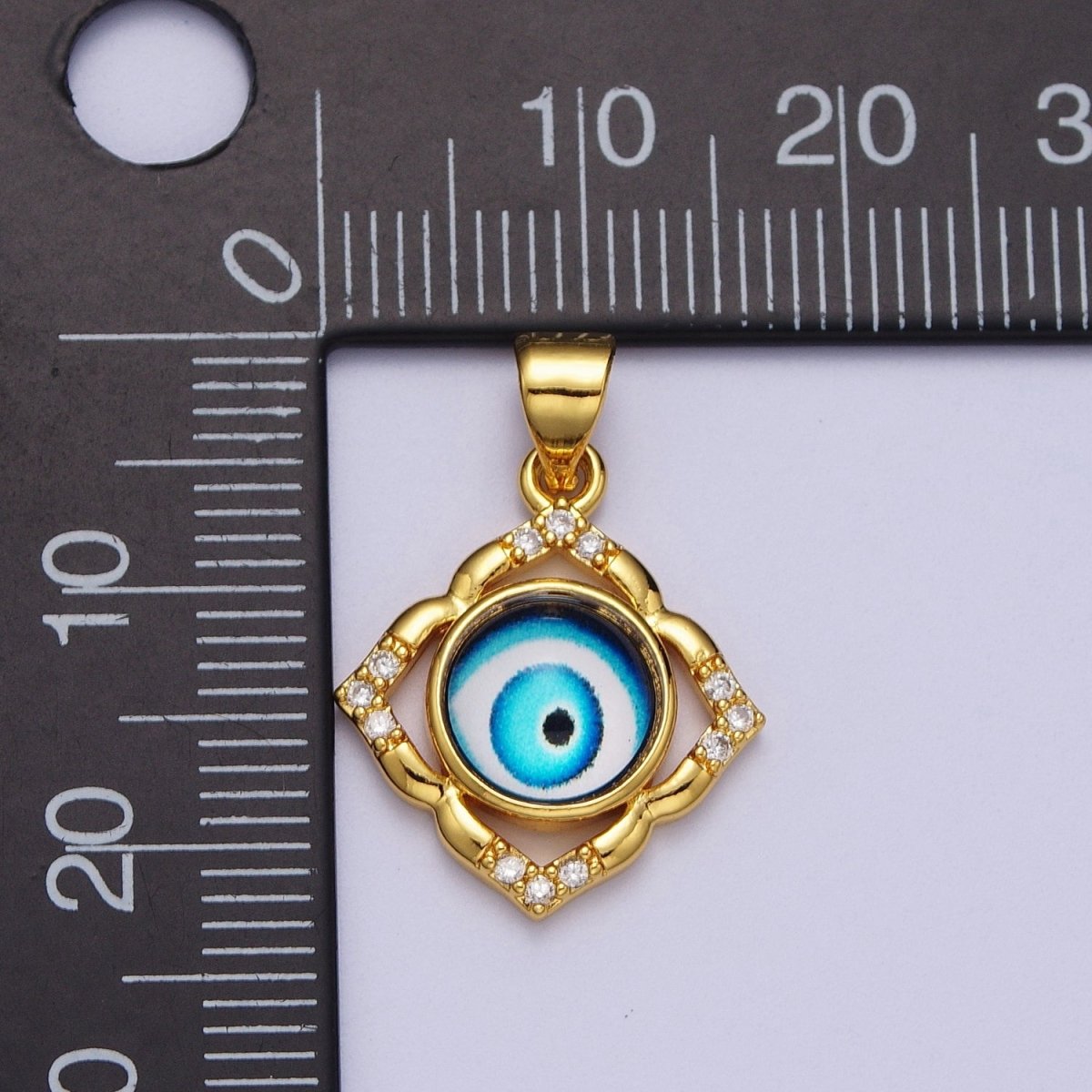 Bright Blue Evil Eye Gold Floral Patterned Pendant, 24K Gold Filled Blue Hypnotic Eye of Ra Clear Micro Paved CZ Florette Charm | X-685 - DLUXCA