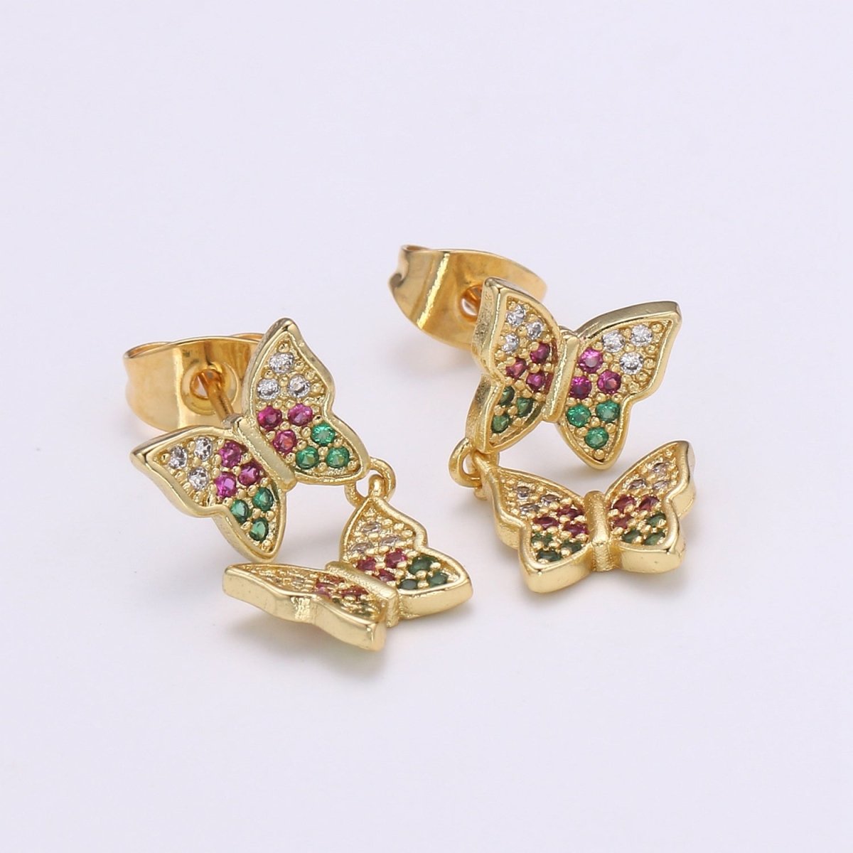 Butterfly Earring 24K Gold Pave Cz Stud Earring Micro Pave Animal Jewelry for Birthday Gift Dangle Mariposa Monarch Earring Q-497 - DLUXCA