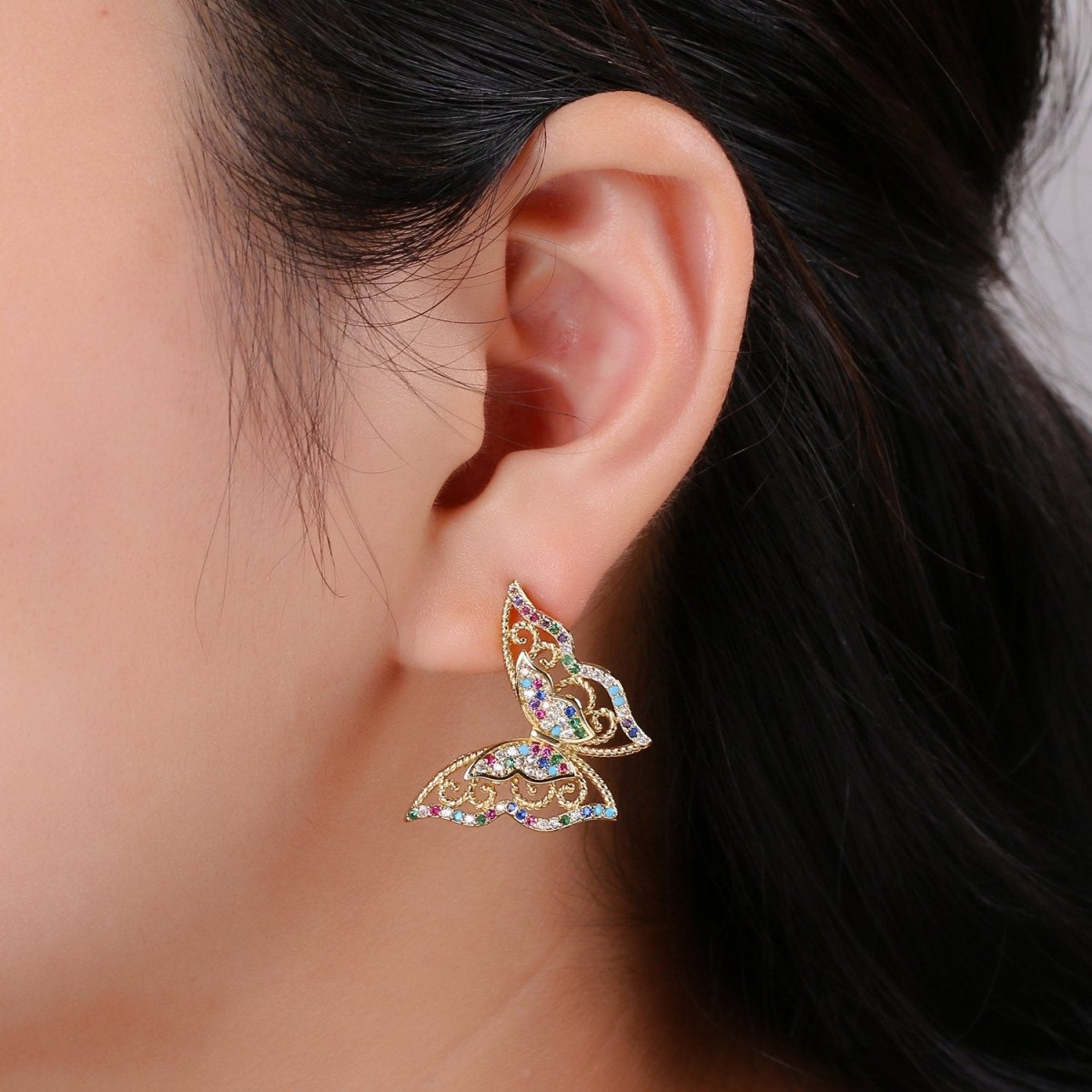 Butterfly earrings, Mariposa Butterfly stud earrings, Statement earrings, Micro Pave Stud delicate studs, gold earrings, Animal earrings Q-524 - DLUXCA