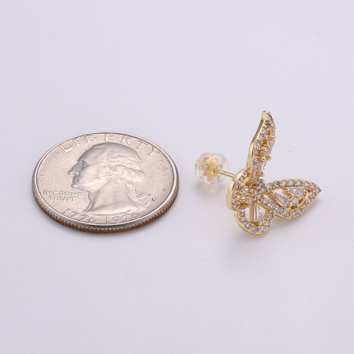 Butterfly Stud, Pavé cz diamonds, cubic zirconia gold Stud earrings, gold Insect Earring, Micro Pave stones, Valentine gift Q-347 - DLUXCA