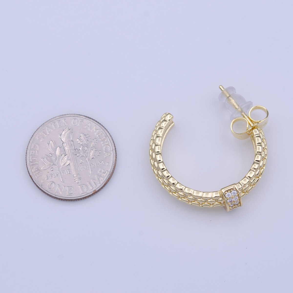C-Shaped Beaded Gold Micro Paved CZ Lined Bar Stud Hoop Earrings | Y-214 - DLUXCA