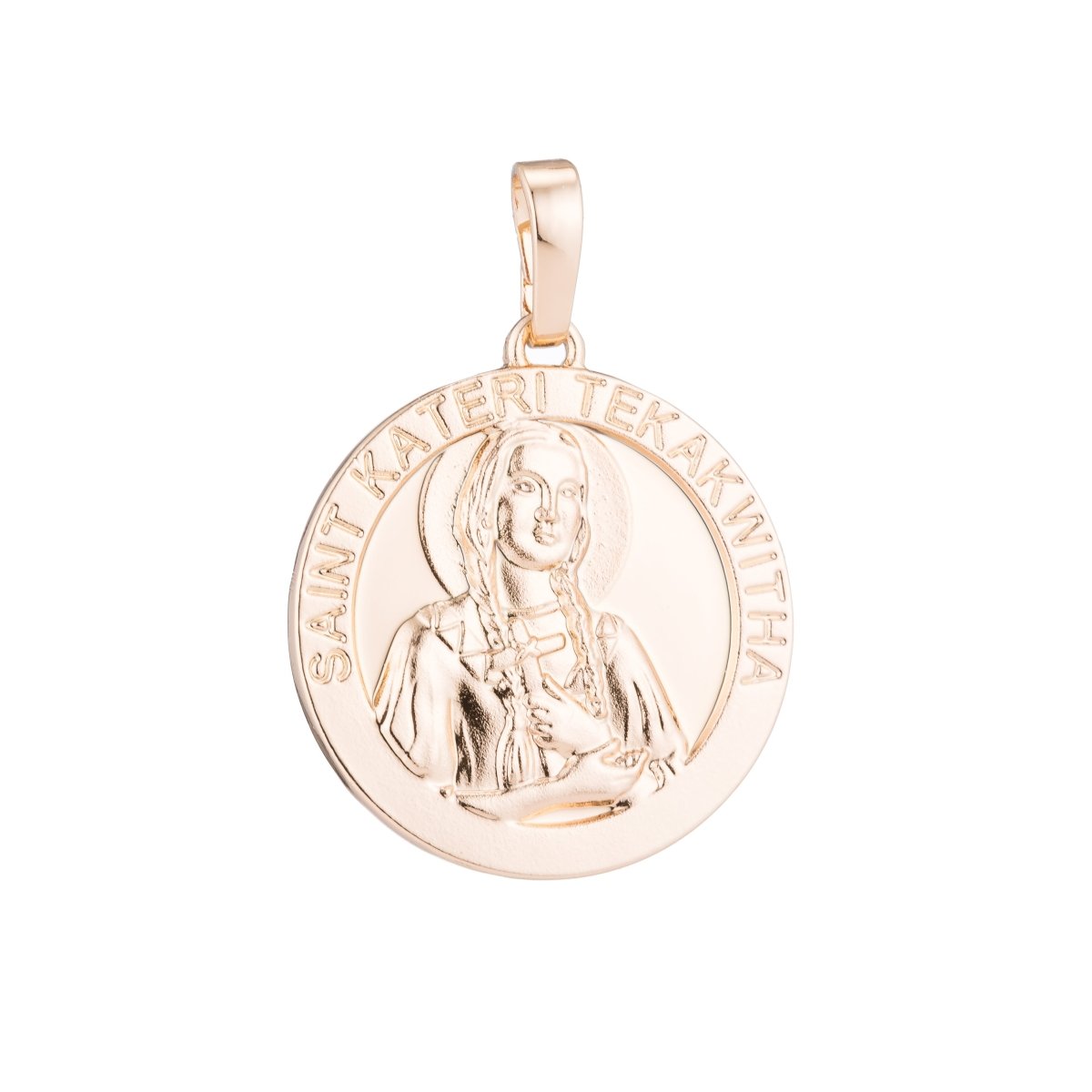 Catholic Medals Charms- Saint Kateri Tekakwitha - Lily of Mohawks Saint Coin Christian Catholic 18K, 24K Yellow gold Filled Pendant-medallas San Kateri Religious Jewelry H-518 - DLUXCA