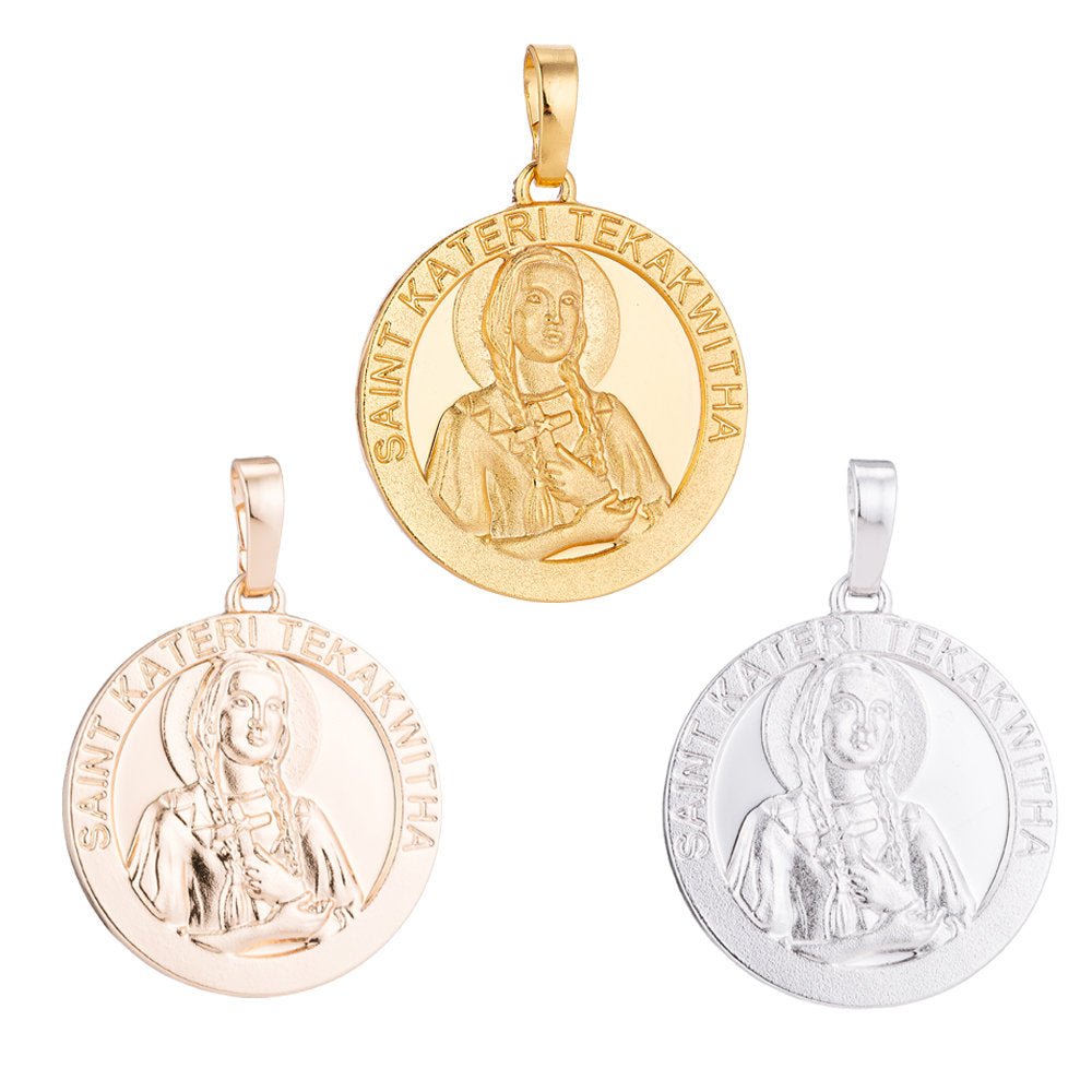 Catholic Medals Charms- Saint Kateri Tekakwitha - Lily of Mohawks Saint Coin Christian Catholic 18K, 24K Yellow gold Filled Pendant-medallas San Kateri Religious Jewelry H-518 - DLUXCA