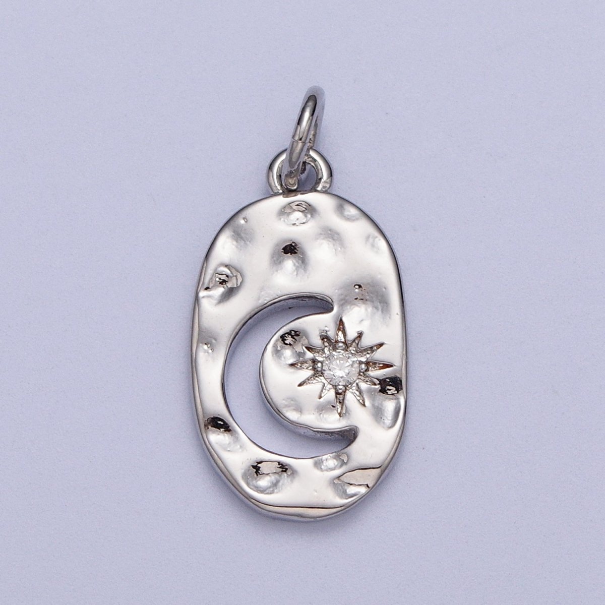 Celestial Crescent Moon CZ Star Hammered Oval Charm in Gold & Silver | AC058 AC059 - DLUXCA