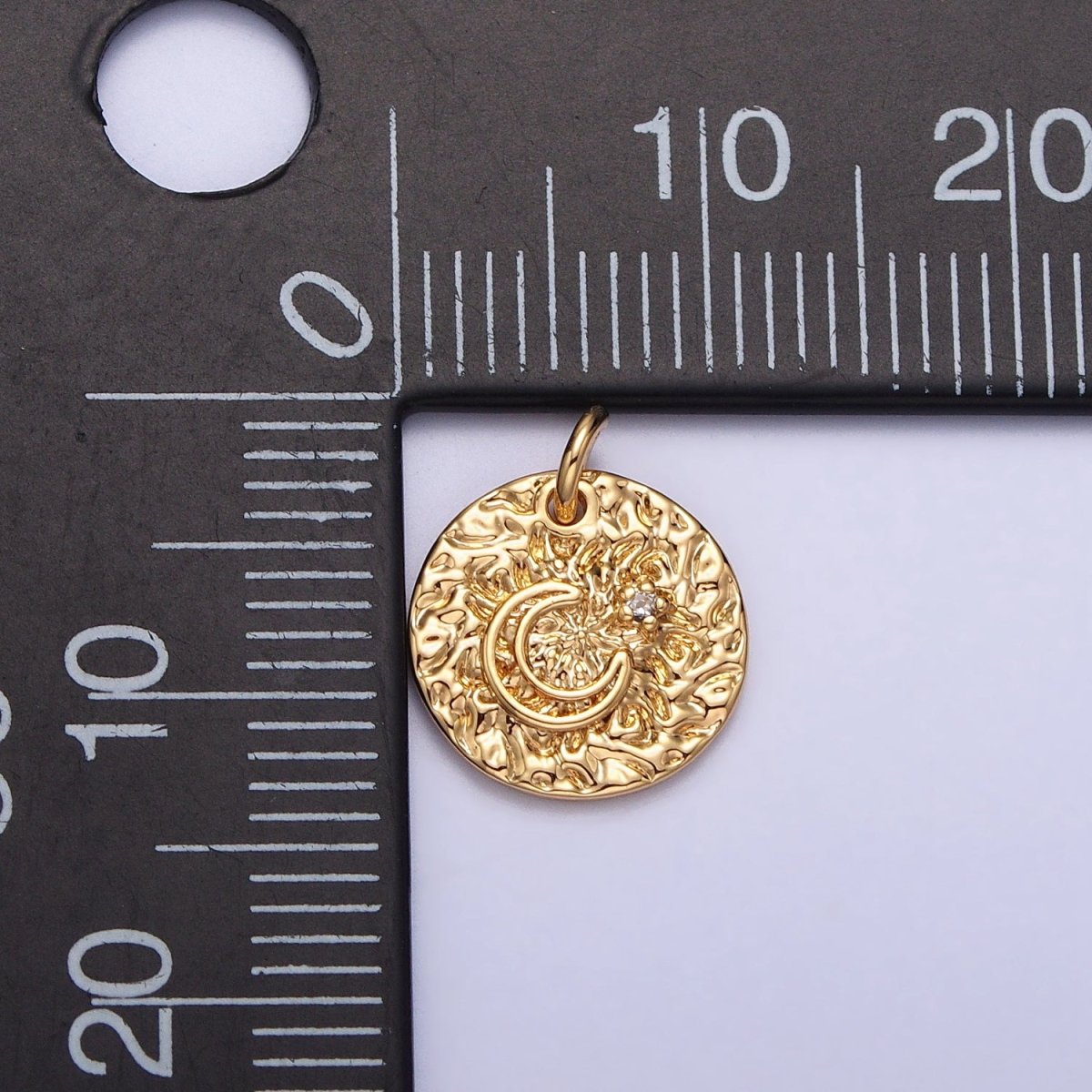 Celestial Crescent Moon Hammered Round Disc Charm in Silver & Gold | AC229 AC302 - DLUXCA