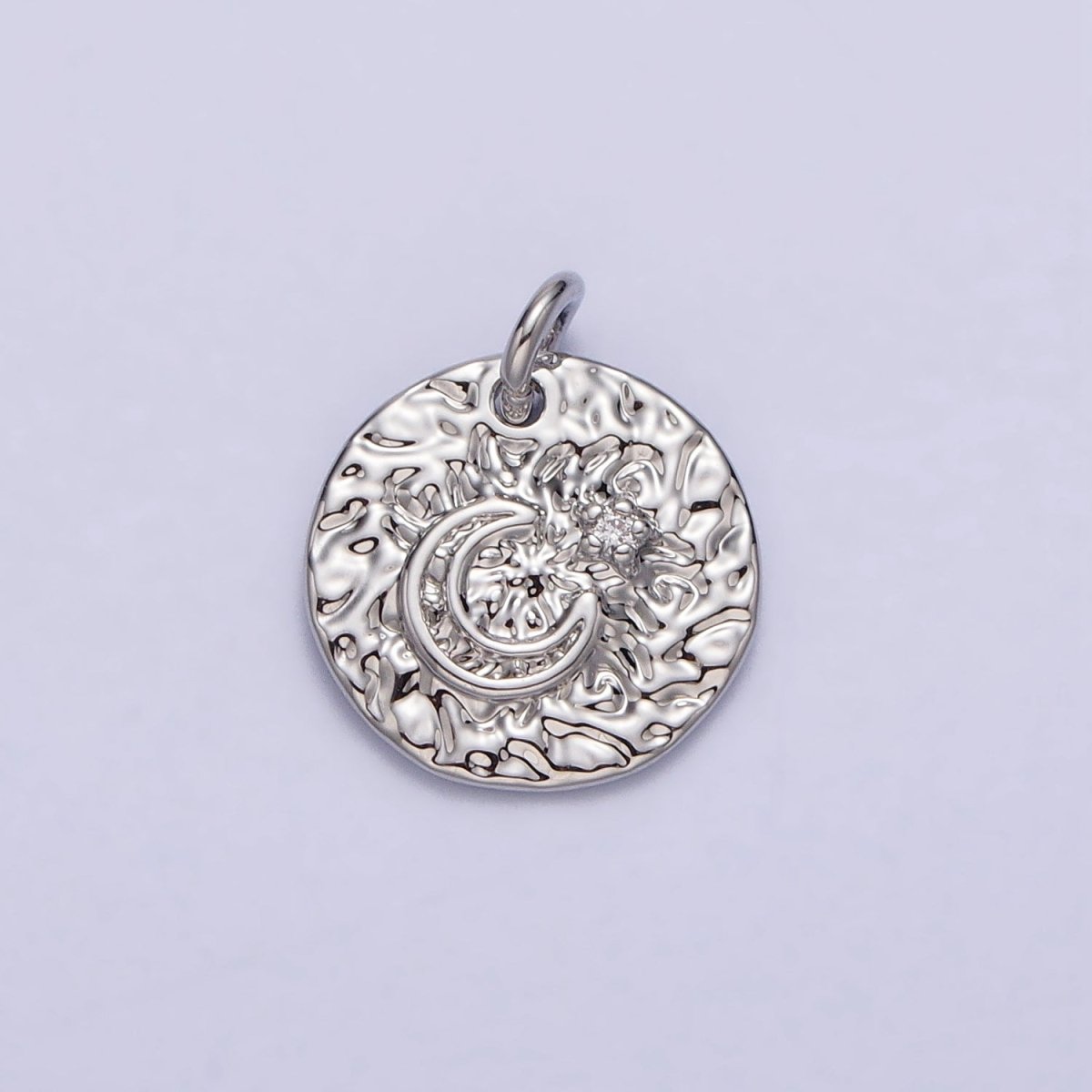 Celestial Crescent Moon Hammered Round Disc Charm in Silver & Gold | AC229 AC302 - DLUXCA