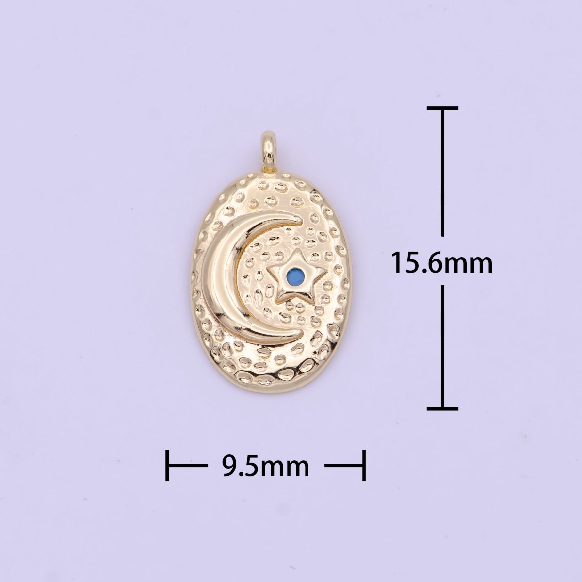 Celestial Crescent Moon Turquoise Star Dotted Hammered Textured Gold Oval Charm | A-934 - DLUXCA