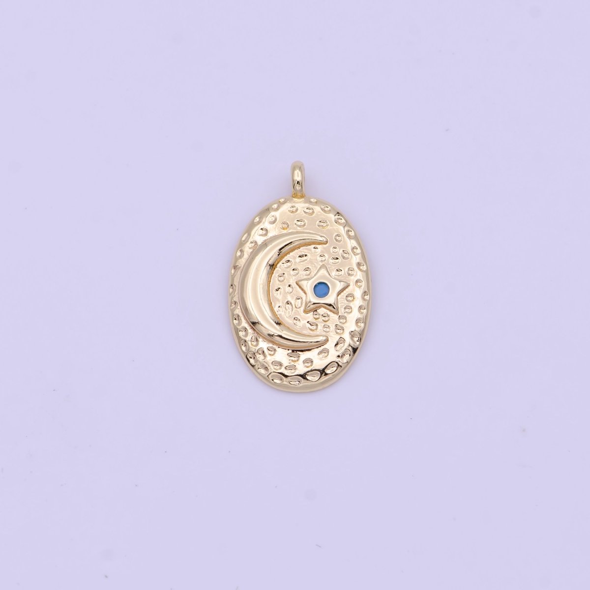 Celestial Crescent Moon Turquoise Star Dotted Hammered Textured Gold Oval Charm | A-934 - DLUXCA