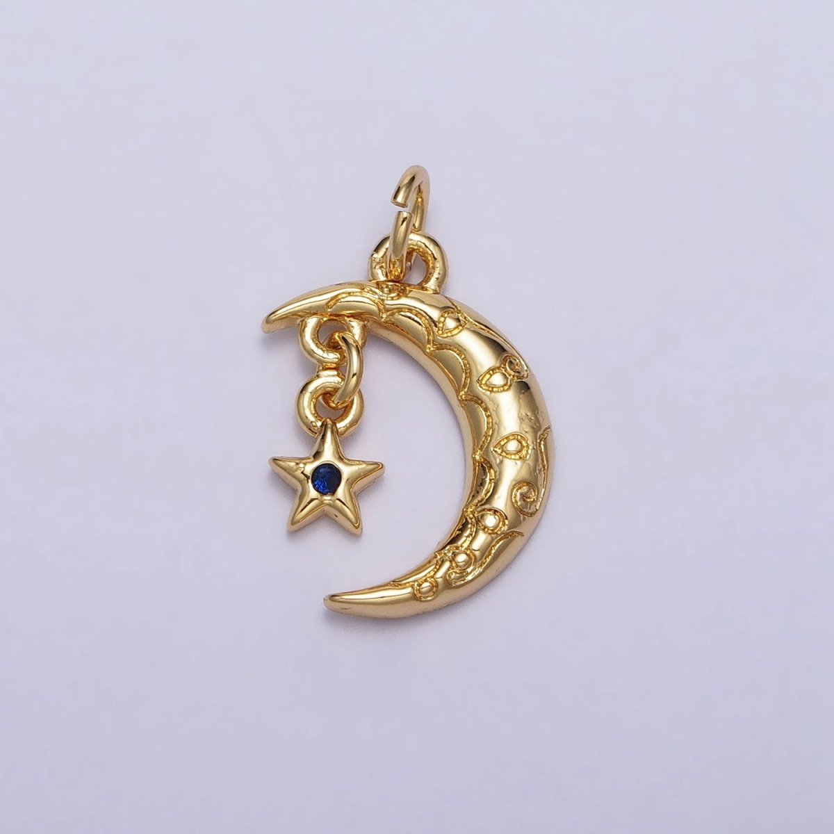 Celestial Engraved Crescent Moon Blue CZ Star Dangle Gold Add-On Charm | AC241 - DLUXCA