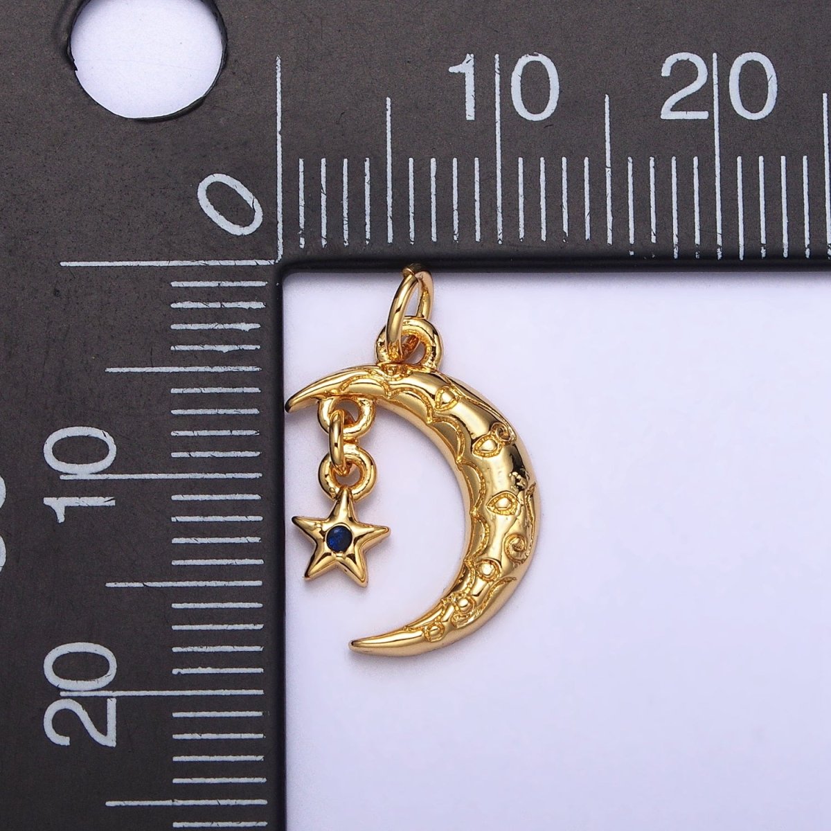 Celestial Engraved Crescent Moon Blue CZ Star Dangle Gold Add-On Charm | AC241 - DLUXCA