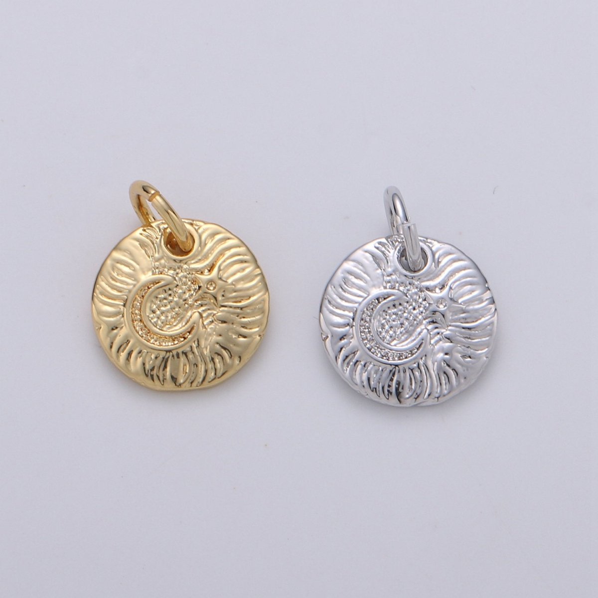 Celestial Jewelry Gold Crescent Moon Charm Rustic Coin Disc Charm Jewelry Making Supply 24K Gold Filled Findings D-372 D-373 - DLUXCA