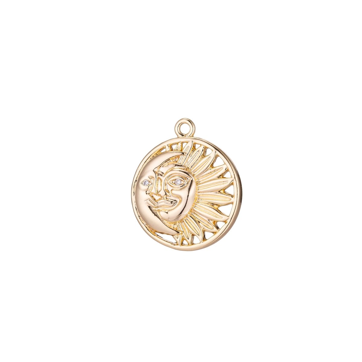 Celestial Sun Crescent Moon Micro Pave CZ Charm, 18K Gold Filled Pendant Dainty Rustic Star with Face Necklace Charm for Jewelry MakingC-346 - DLUXCA