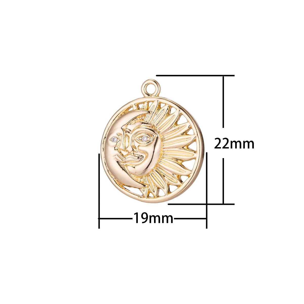 Celestial Sun Crescent Moon Micro Pave CZ Charm, 18K Gold Filled Pendant Dainty Rustic Star with Face Necklace Charm for Jewelry MakingC-346 - DLUXCA