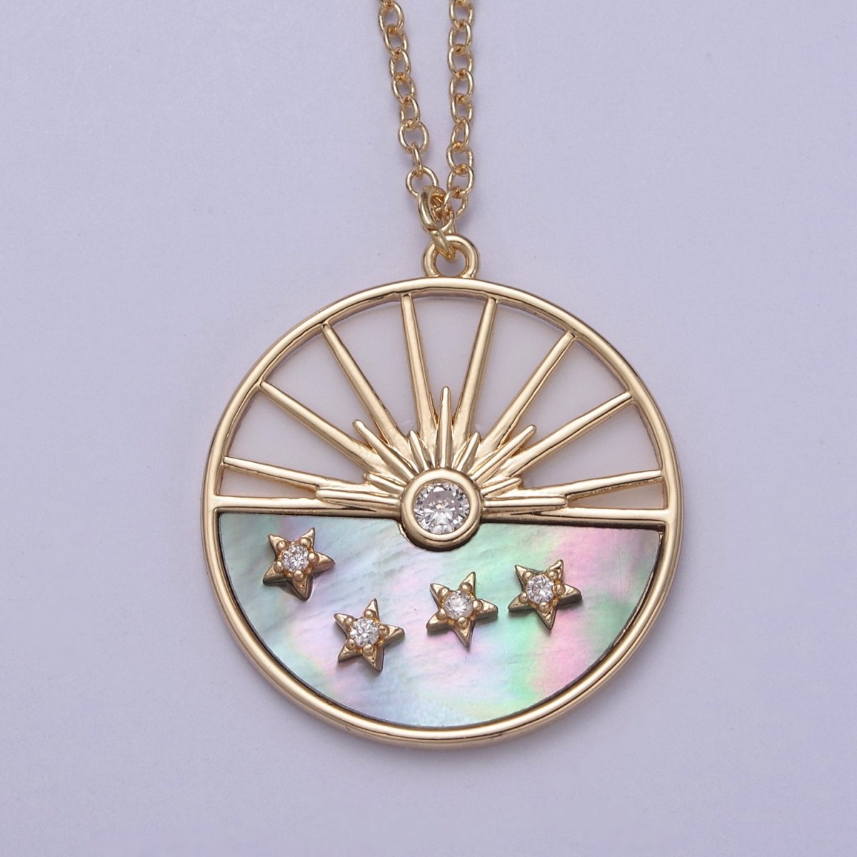 Celestial Sun Star CZ Abalone 16 Inch Cable Chain Necklace w. 2 Inch Extender | WA-598 - DLUXCA