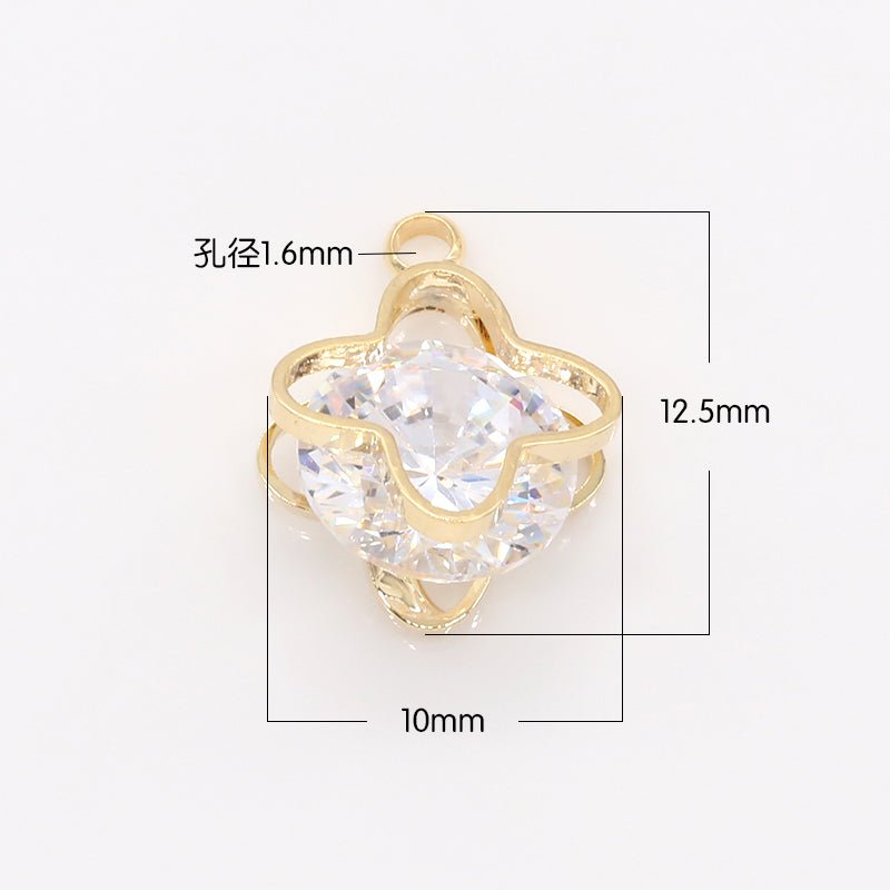 Centered Crystal Mini Double Clover Leaves Golden Frame Charm CZ Twin Nature Leaves Plant Charm Pendant GP-171 - DLUXCA