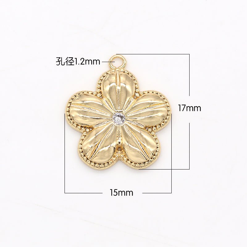 Centered Zirconia Golden Flower Charm CZ Floral Nature Plant Pure Gold Plated Charm Pendant GP-543 - DLUXCA