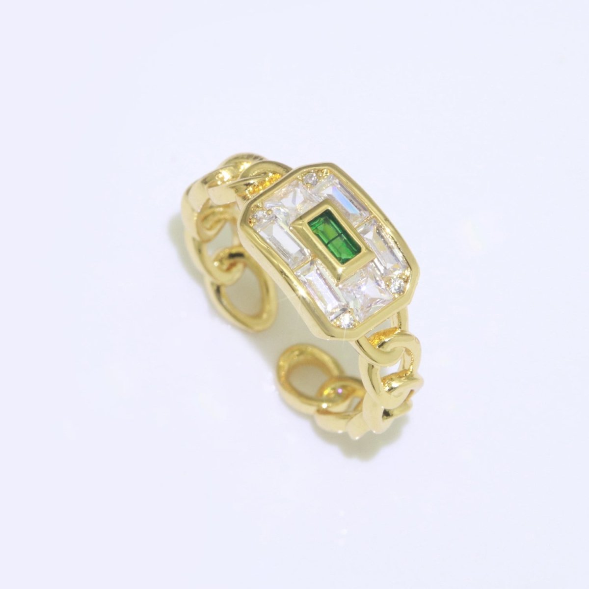 Chain Ring Chunky Curb Chain Ring Statement Gold Stackable Rings Cocktail Ring Blue, Pink, Green Cz Stone S-135 ~ S-137 - DLUXCA