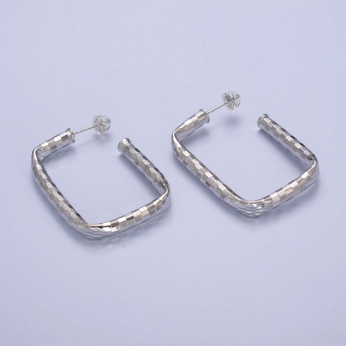 Checkered Hoop Earrings, Minimalist Gold Hoop Earrings, Stylish Silver Rectangle Hoop Earring T-409 T-410 - DLUXCA