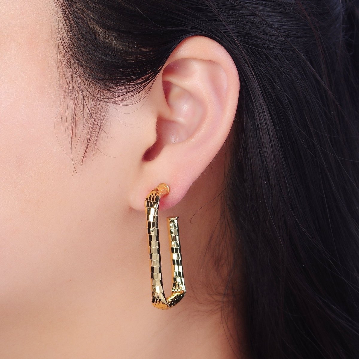 Checkered Hoop Earrings, Minimalist Gold Hoop Earrings, Stylish Silver Rectangle Hoop Earring T-409 T-410 - DLUXCA