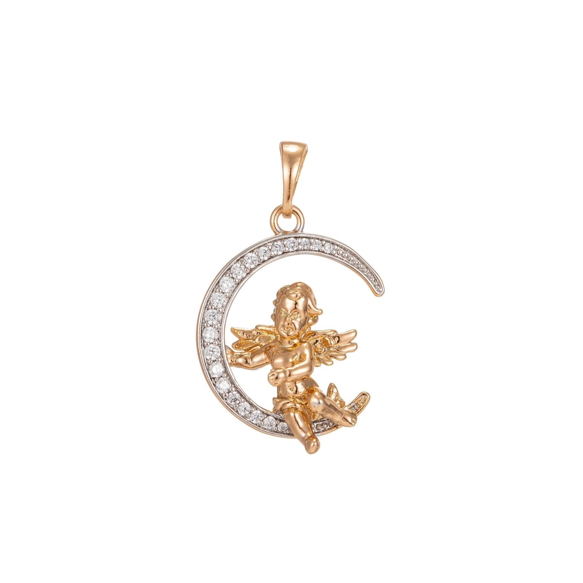 Cherub in the Moon Pendant Micro Pave Gold Moon Charm Necklace Moon Pendant in 18k Gold Filled Cherub Necklace Cubic Baby Angel Jewelry I-251 - DLUXCA