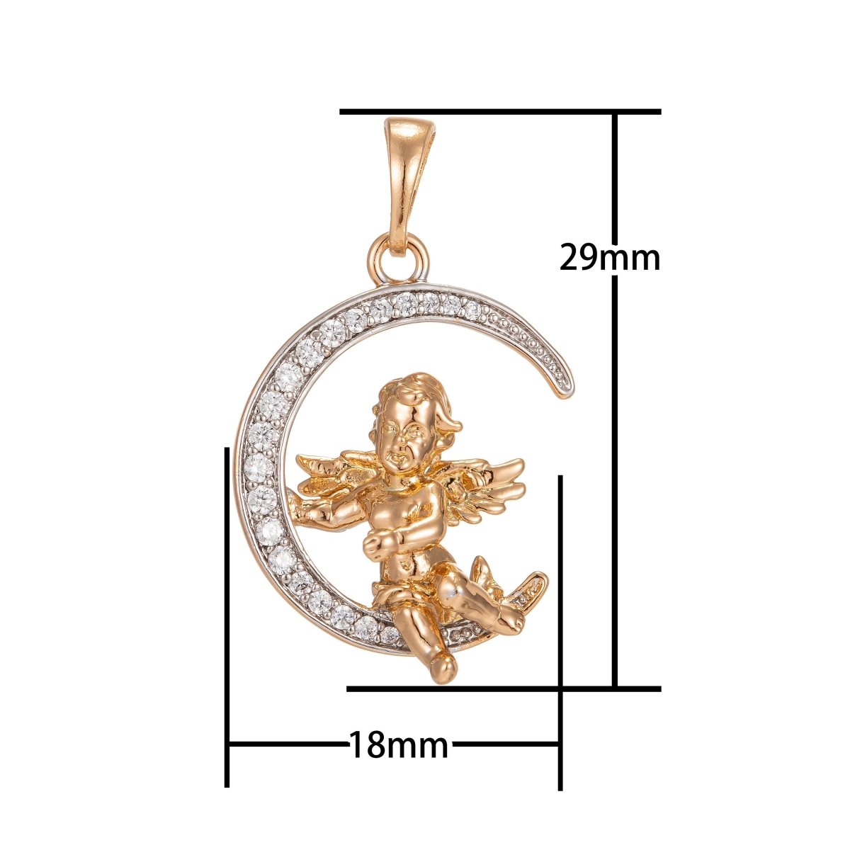 Cherub in the Moon Pendant Micro Pave Gold Moon Charm Necklace Moon Pendant in 18k Gold Filled Cherub Necklace Cubic Baby Angel Jewelry I-251 - DLUXCA