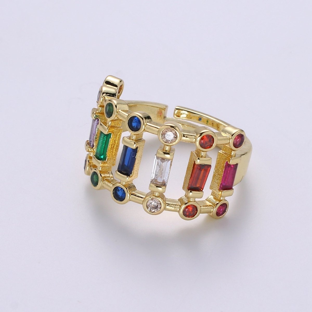 Chunky Baguette Ring, Rainbow Gold Baguette Ring, Colorful Baguette Ring, Multi Color Adjustable Ring, EVeryday Wear Women Ring O-296 - DLUXCA