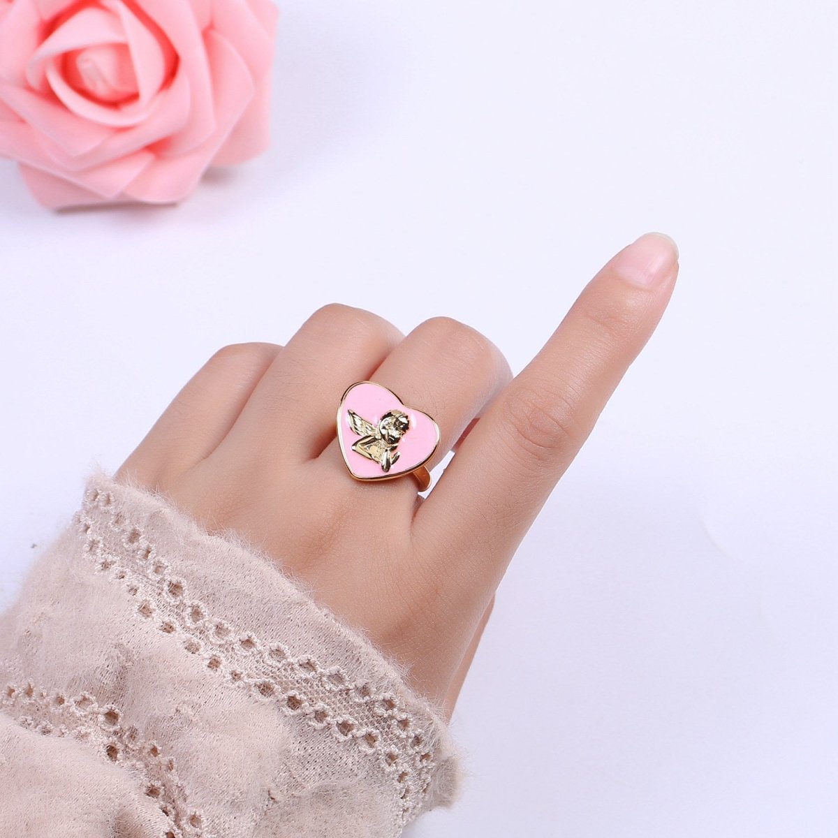 Chunky Cherub Angel Ring Statement Ring Gold Open Adjustable Ring Enamel Jewelry Valentine Gift S-225 ~ S-228 - DLUXCA