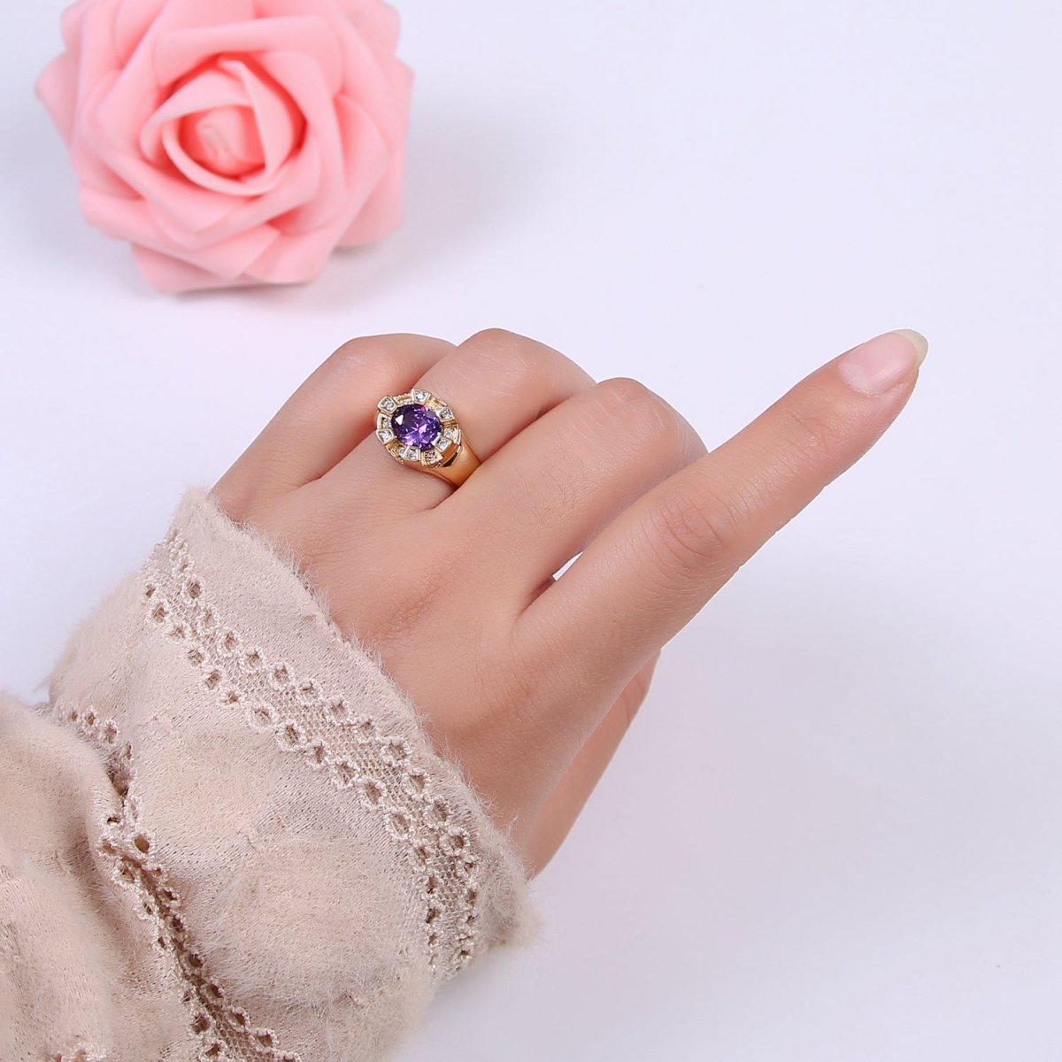 Chunky Dome Sun Ring with Cz Stone Open Adjustable Ring for Statement Jewelry U-374~U-377 - DLUXCA