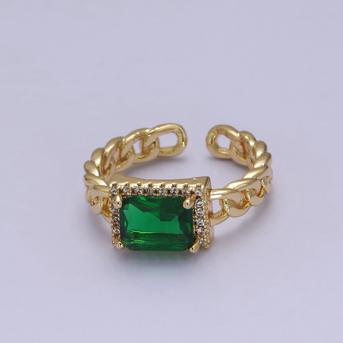 Chunky Emerald Green Cz Stone Ring in 18k Gold Filled Curb Chain Link Band Open Adjustable O-2080 - DLUXCA