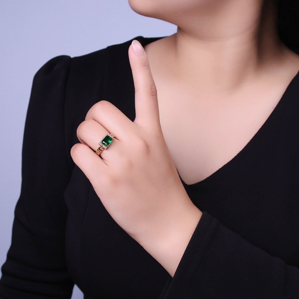 Chunky Emerald Green Cz Stone Ring in 18k Gold Filled Curb Chain Link Band Open Adjustable O-2080 - DLUXCA
