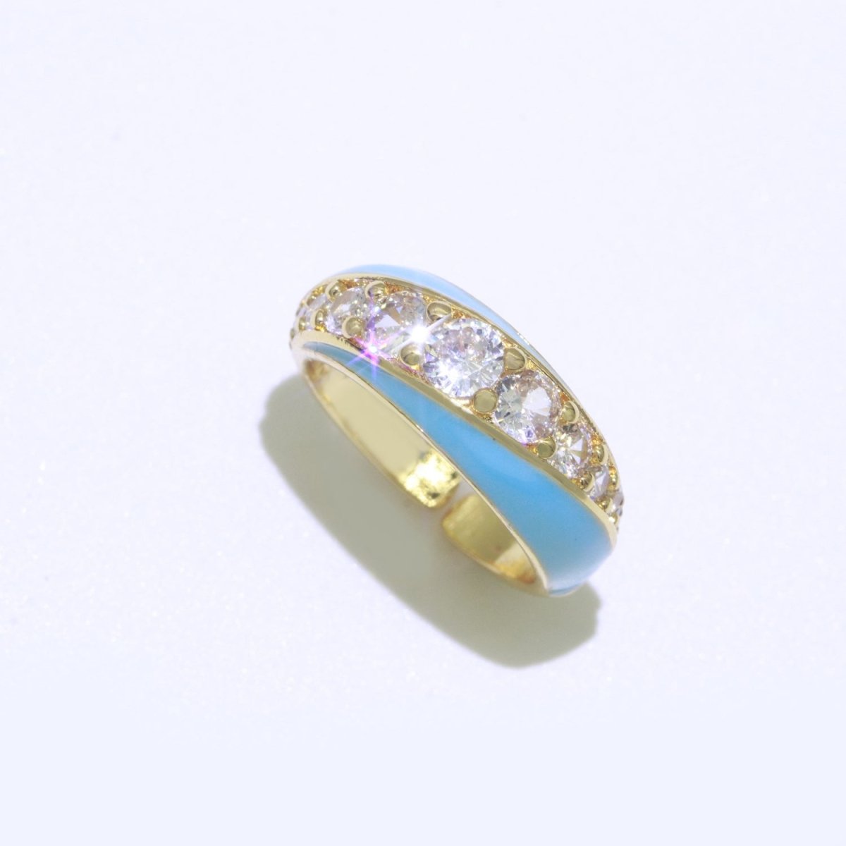 Chunky Enamel Ring | Gold Filled Band Pastel Color Ring | Cubic Zirconia Stacking Open Ring Adjustable O-494 ~ O-503 - DLUXCA