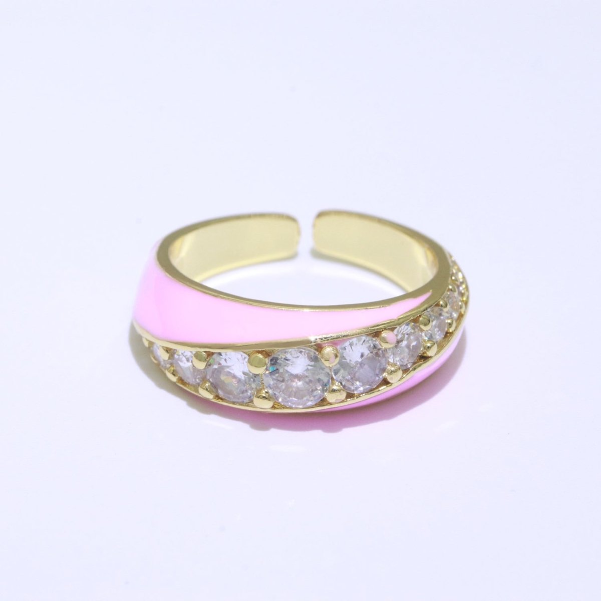 Chunky Enamel Ring | Gold Filled Band Pastel Color Ring | Cubic Zirconia Stacking Open Ring Adjustable O-494 ~ O-503 - DLUXCA