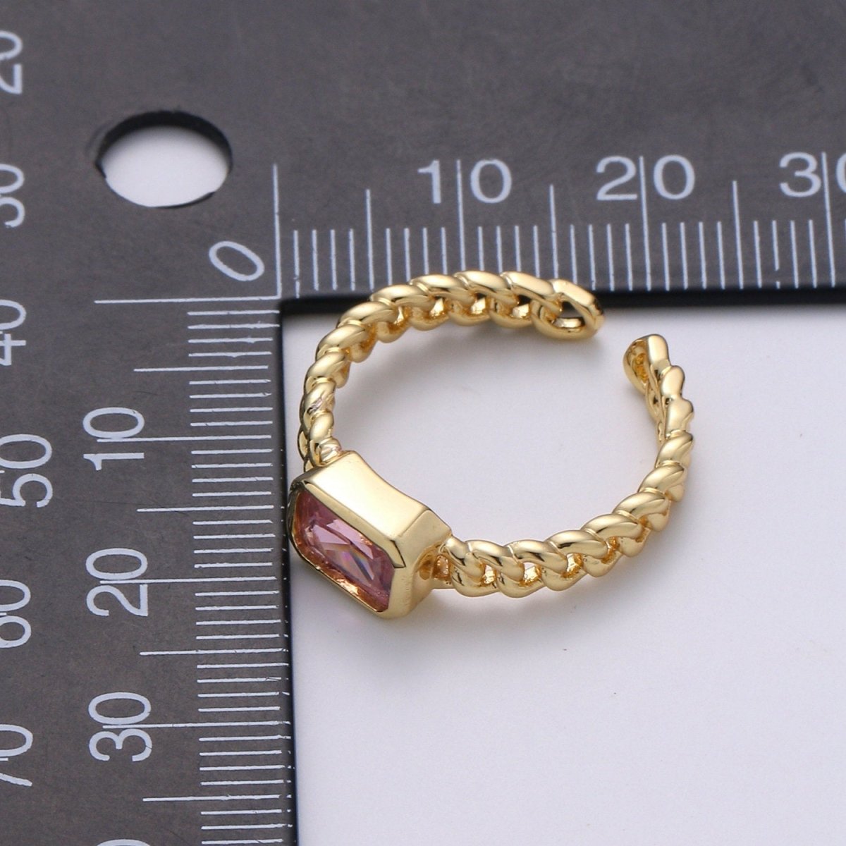 Chunky gemstone ring- cocktail gemstone ring - Chain Link ring - Bold Gold Open ring - Adjustable Gold band ring Clear Pink CZ Ring R-130 R-131 - DLUXCA