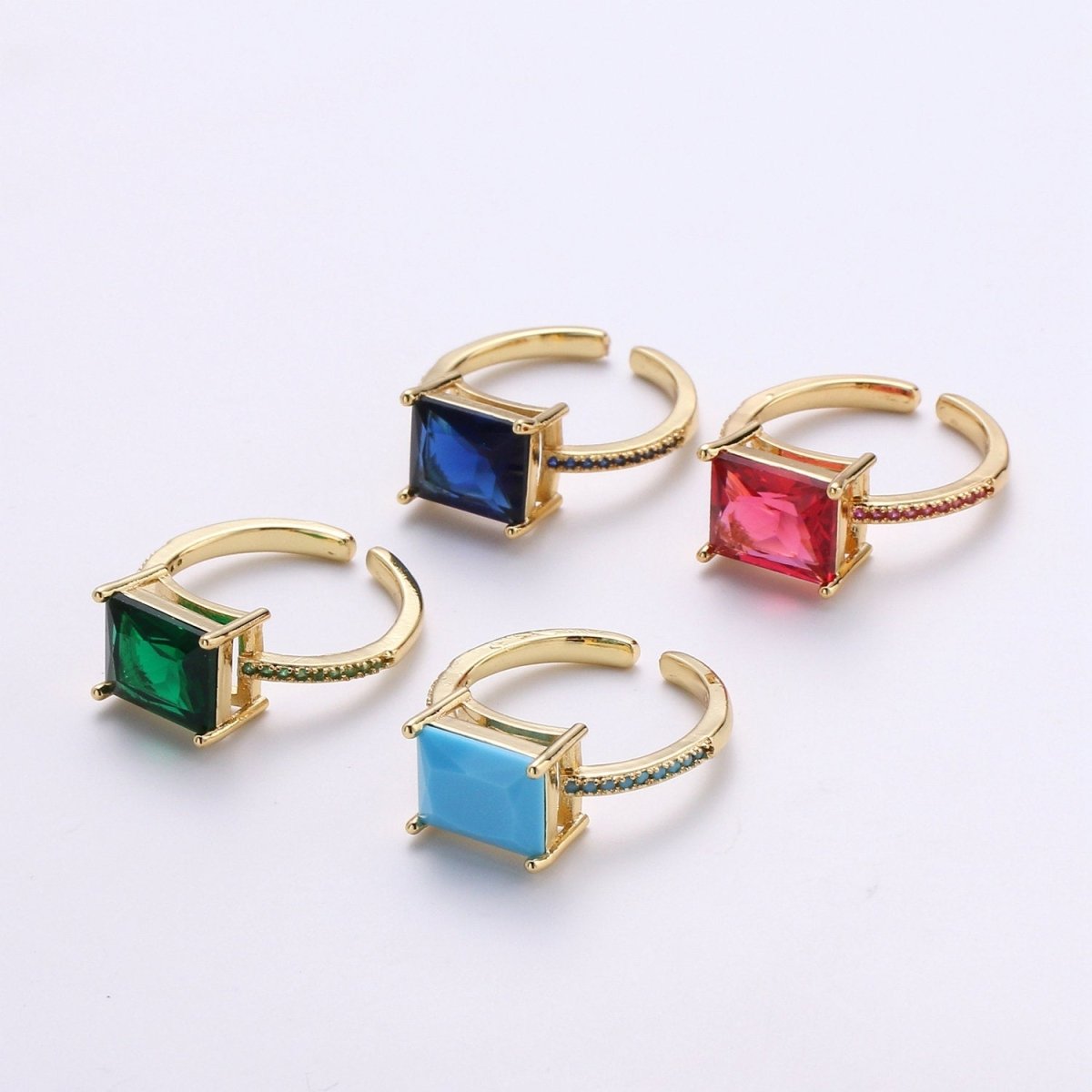 Chunky gemstone ring- cocktail gemstone ring - topaz ring - Dainty Gold Open ring - Adjustable Gold band ring - blue Green Red Teal Cz Ring R-094-R-097 - DLUXCA