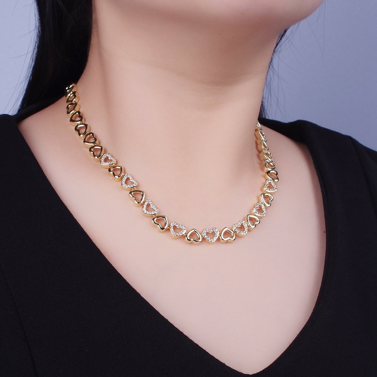 Chunky Gold Open Heart Links Necklace with Cz Pave Diamond Heart Center Necklace for Layering Necklace WA-1088 - DLUXCA