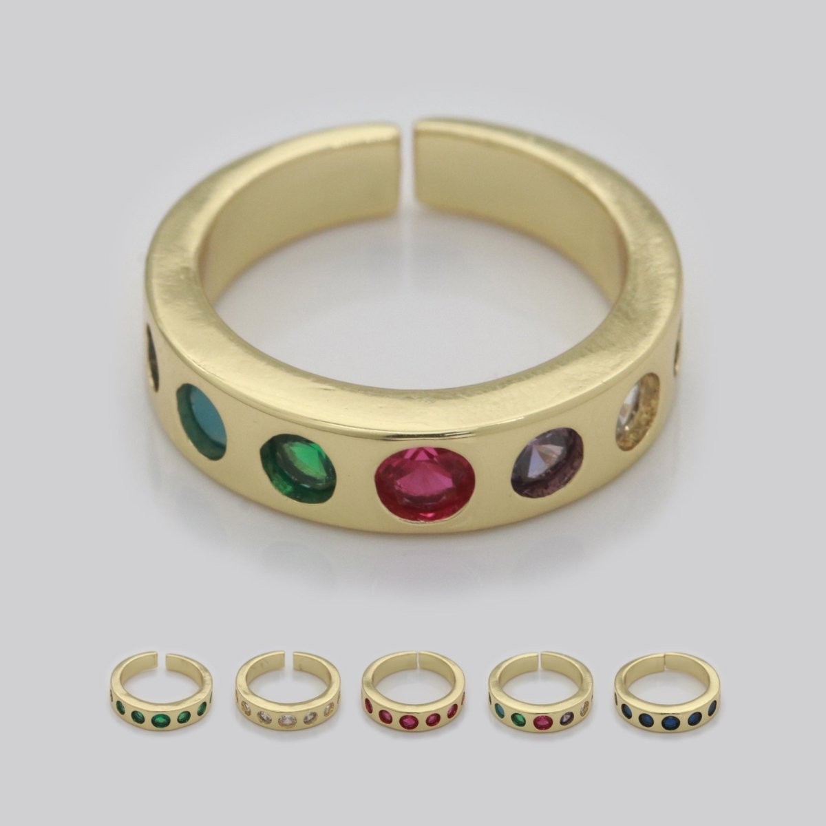 Chunky Gold Ring, Open Gold Adjustable Ring Multi Color Cz Stone S-193 ~ S-197 - DLUXCA