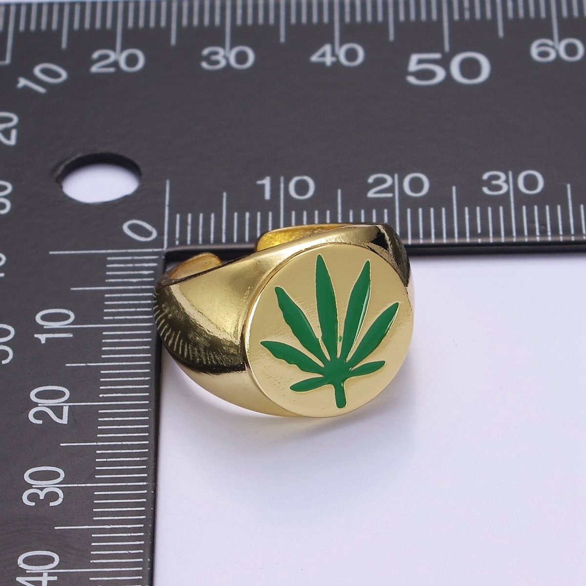 Chunky Gold Signet Ring Green Mary Jane Ring Weed 420 Jewelry O-2169 - DLUXCA