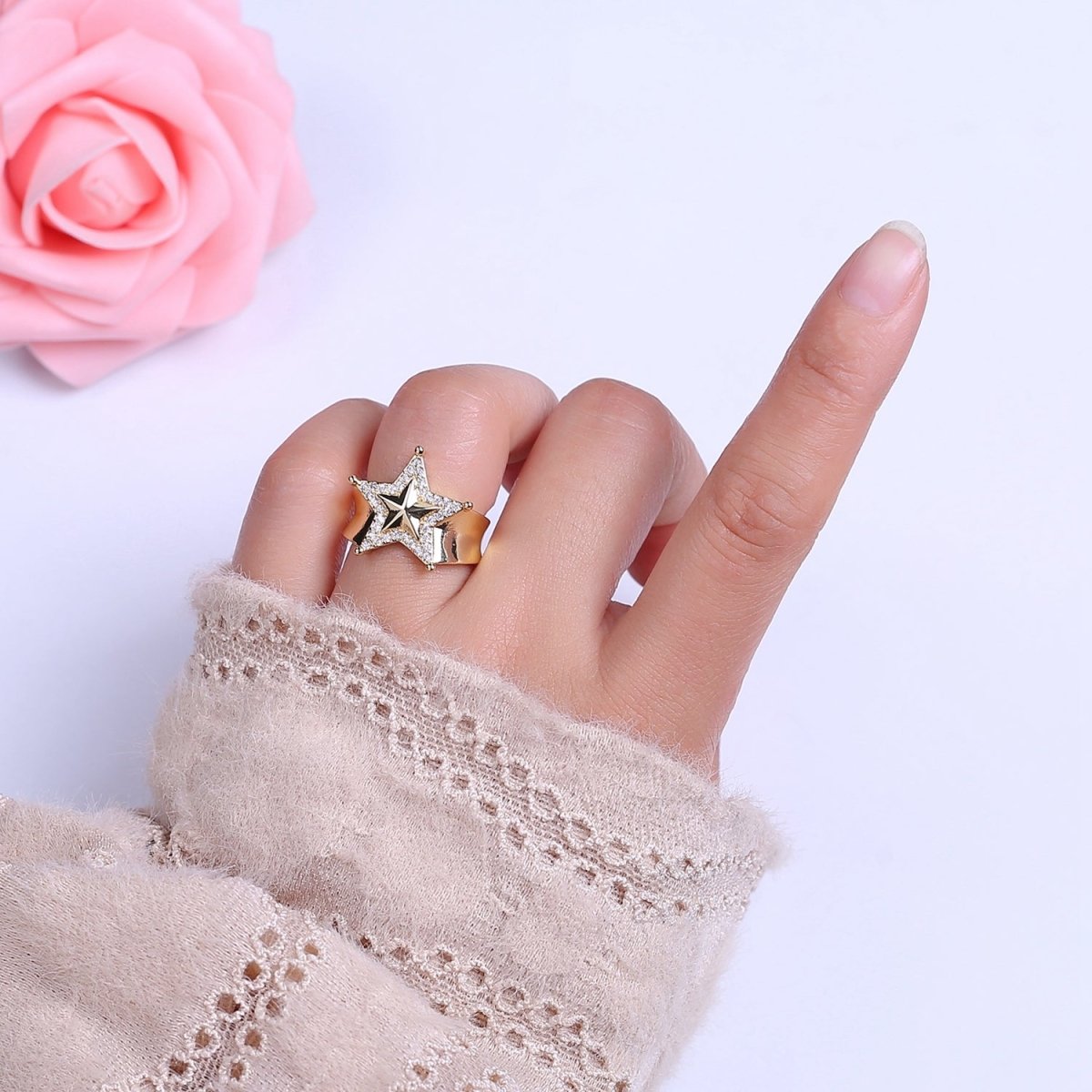 Chunky Gold Star Ring, CZ Star Ring, Bold Star Ring, Celestial jewelry, Stacking Statement Jewelry O-2043 - DLUXCA