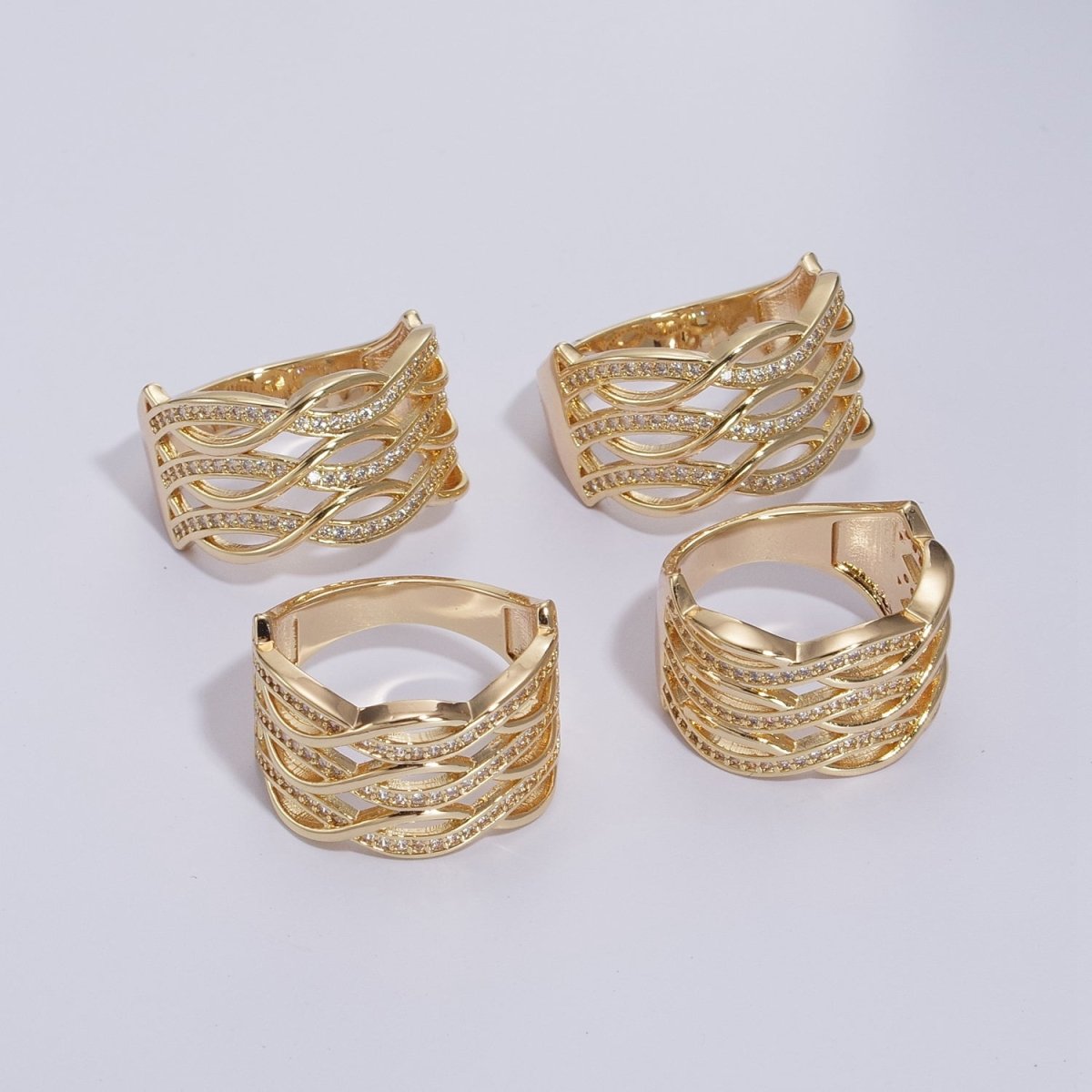Chunky Gold Swirl Lines Ring CZ Statement Jewelry Crossover Ring U-109~U-112 - DLUXCA