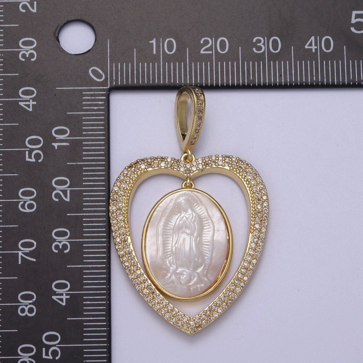 Chunky Heart Iced Out Pendant with Pearl Lady Guadalupe Charm for Statement Religious Jewelry Making H-507 - DLUXCA