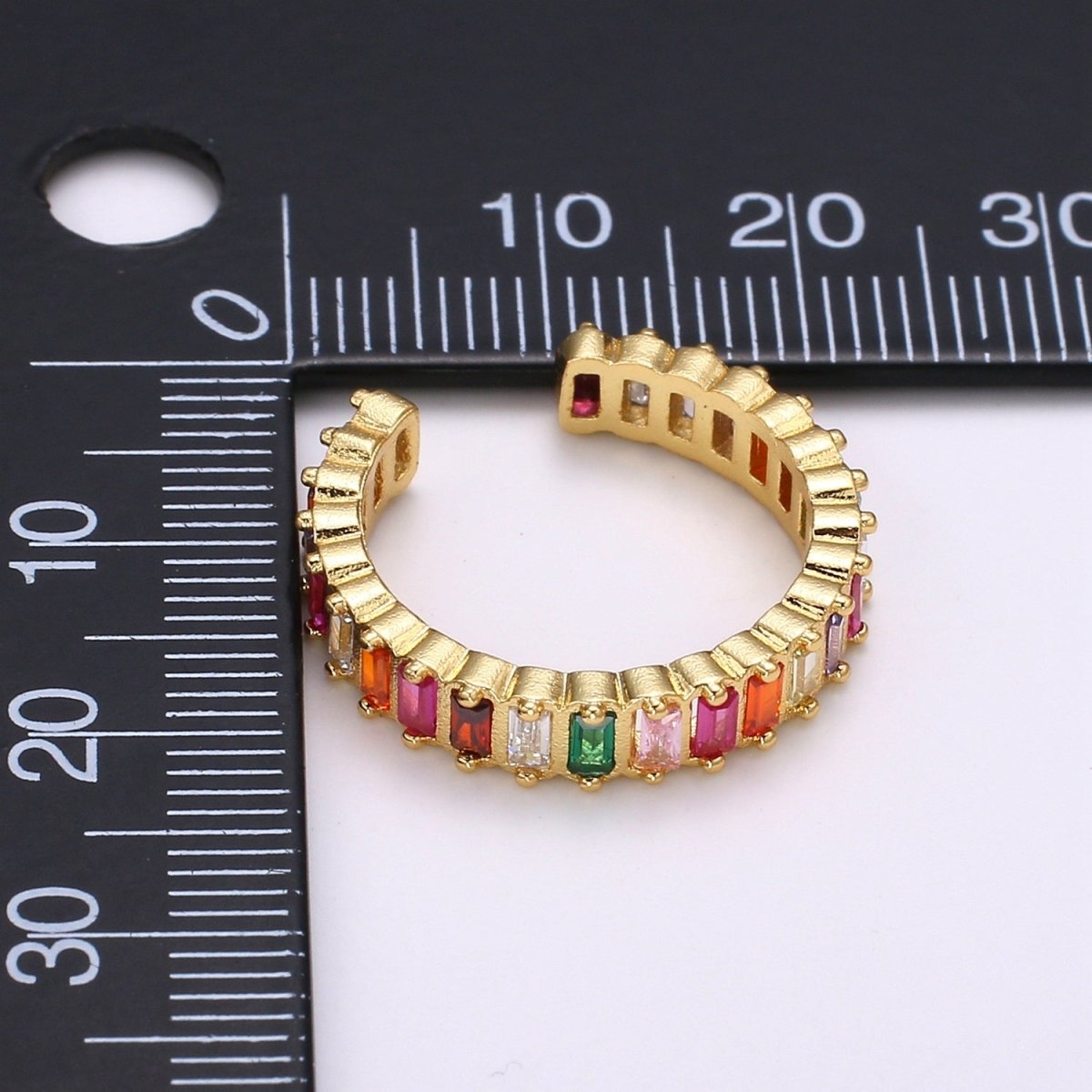 Chunky Rainbow CZ 24k Gold Ring, Adjustable Gold Cubic Open Ring, Baguette Ring, Statement ring Zirconia Ring for DIY Jewelry R314 - DLUXCA