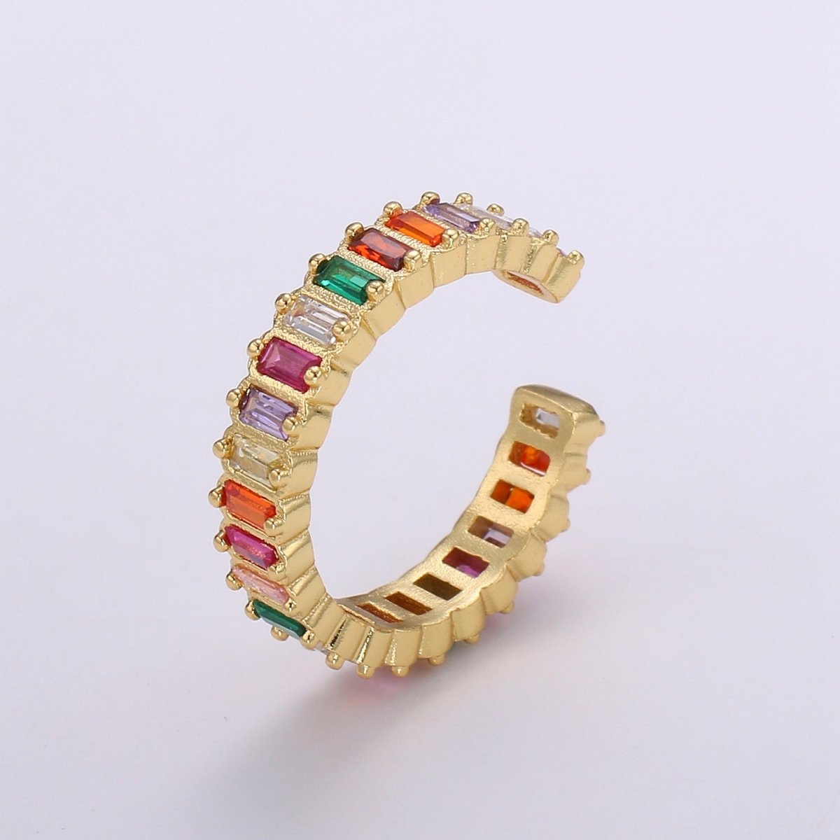 Chunky Rainbow CZ 24k Gold Ring, Adjustable Gold Cubic Open Ring, Baguette Ring, Statement ring Zirconia Ring for DIY Jewelry R314 - DLUXCA