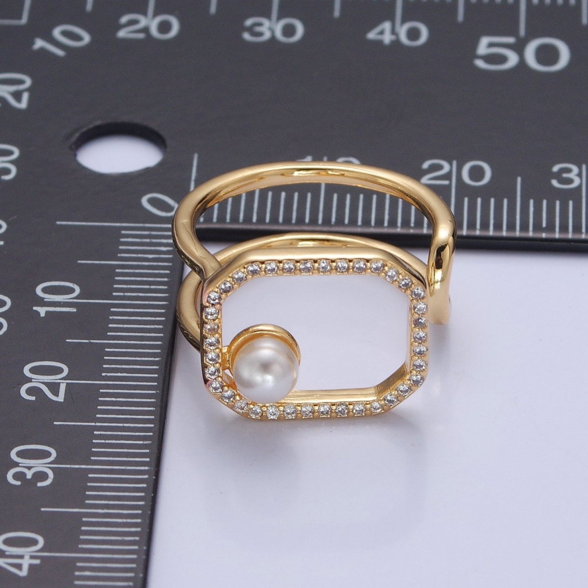 Chunky Square CZ Ring with Pearl Double Band Ring Open Adjustable O-2138 - DLUXCA