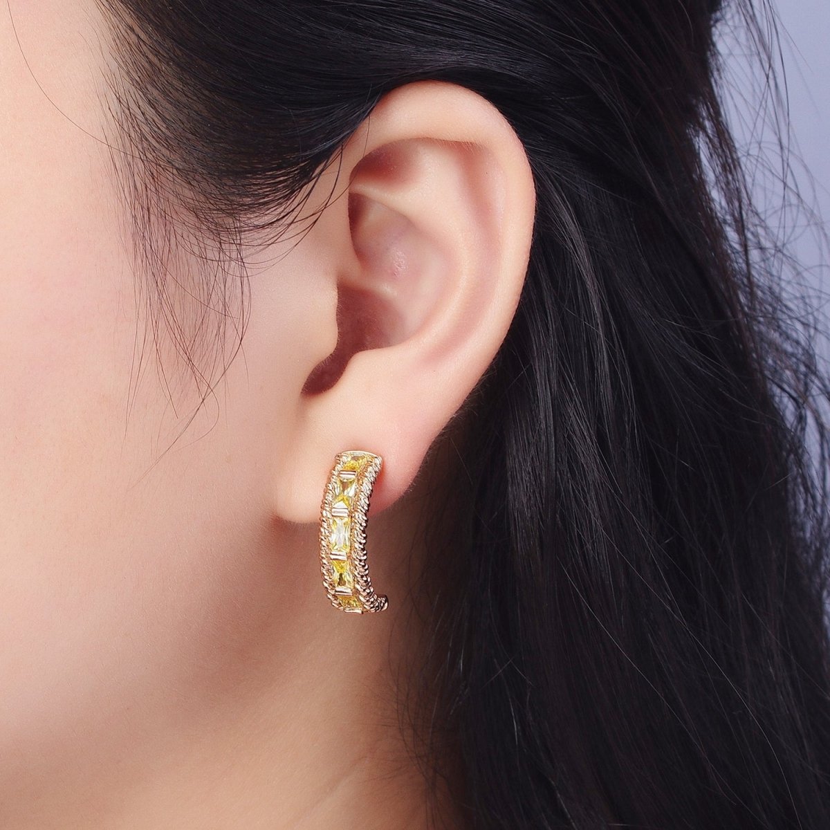 Chunky Yellow CZ Stud Earring for Statement Jewelry C Hoop AE-1013 - DLUXCA