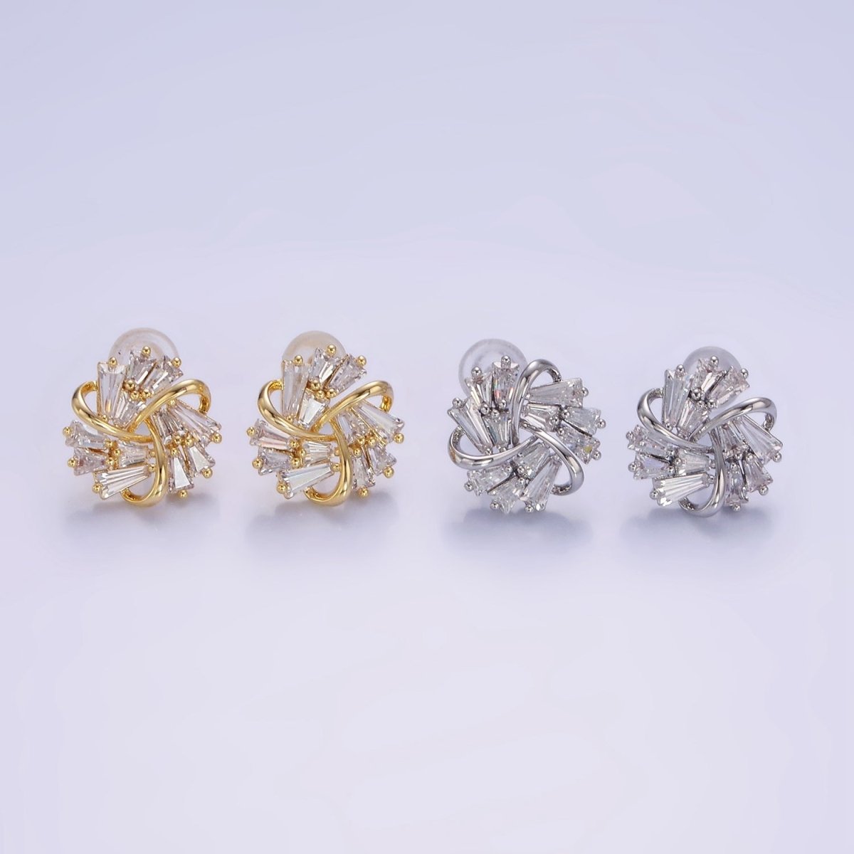 Clear Baguette Band Curled Flower Stud Earrings in Gold & Silver | V532 V533 - DLUXCA