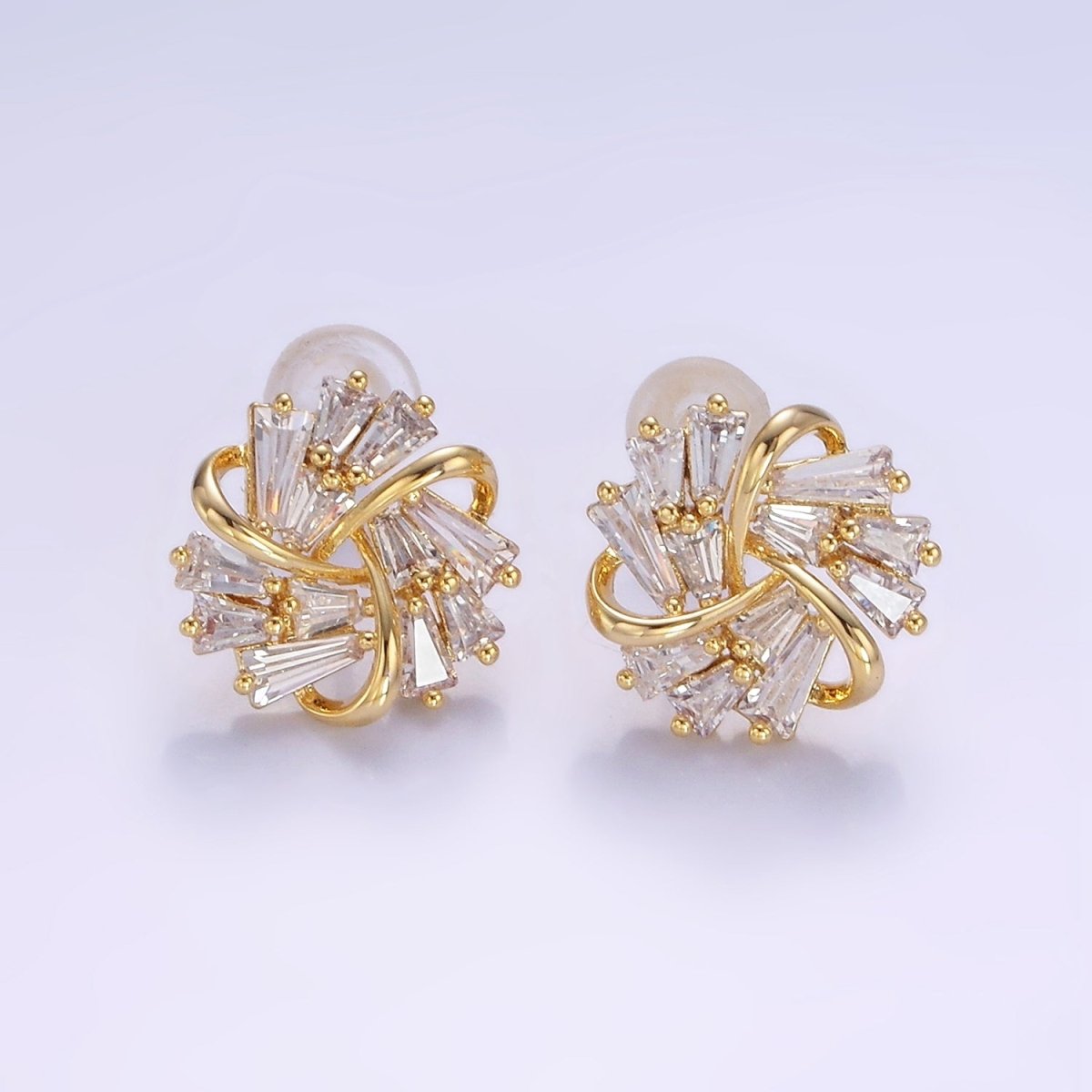 Clear Baguette Band Curled Flower Stud Earrings in Gold & Silver | V532 V533 - DLUXCA