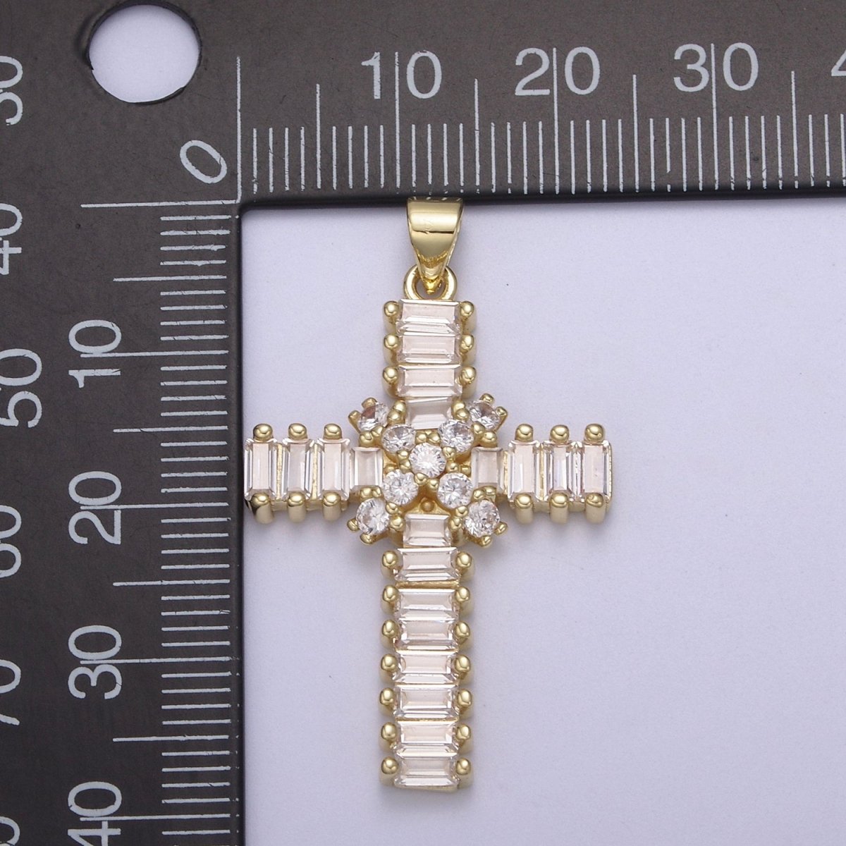 Clear Baguette Cubic Zirconia Cross Pendant, 14K Gold Filled Christian Catholic Supply For DIY Jewelry Making H-777 - DLUXCA