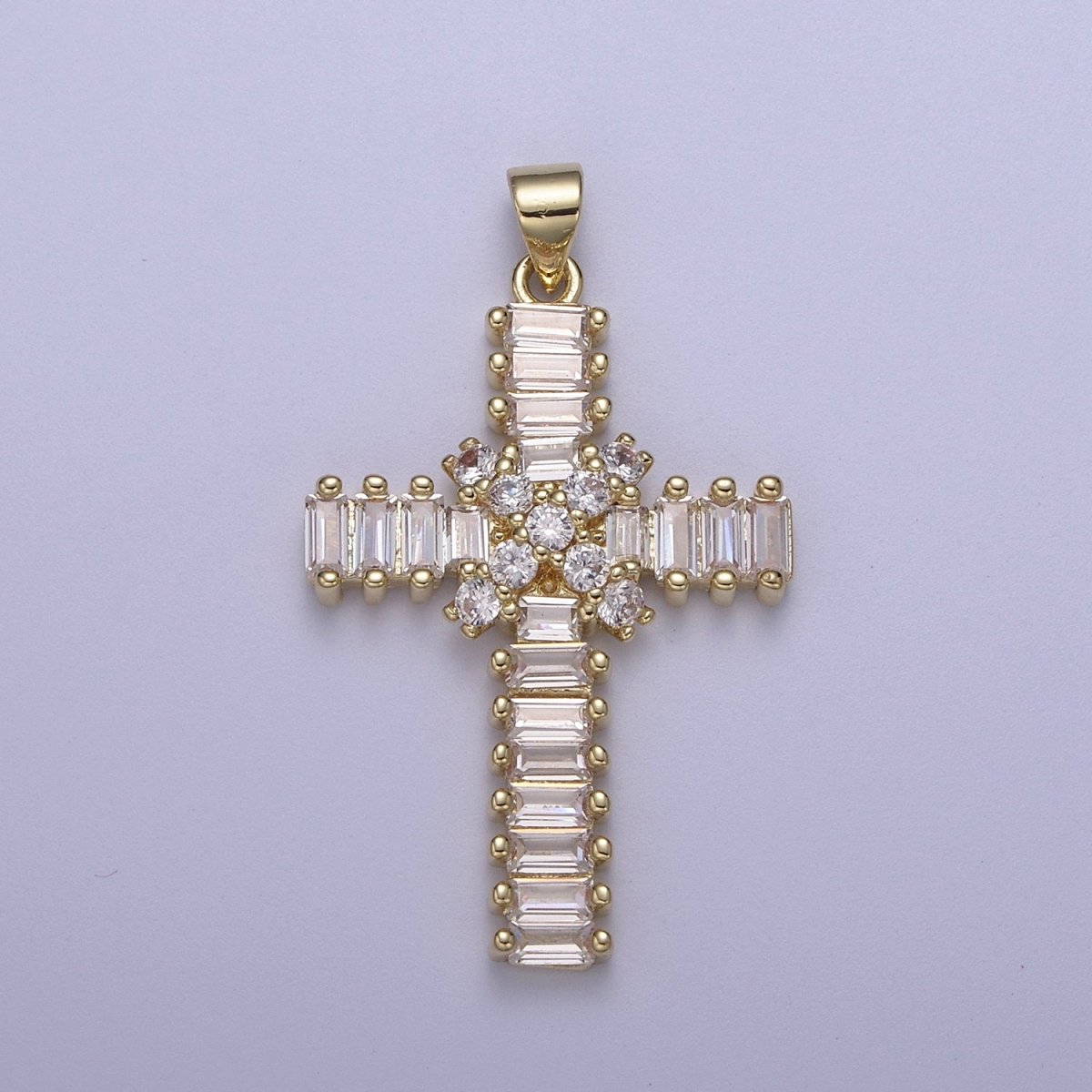 Clear Baguette Cubic Zirconia Cross Pendant, 14K Gold Filled Christian Catholic Supply For DIY Jewelry Making H-777 - DLUXCA